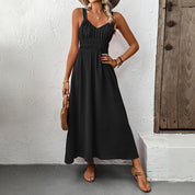 Women's Sleeveless Maxi Dress - Smocked Bodice Elegant Solid Color