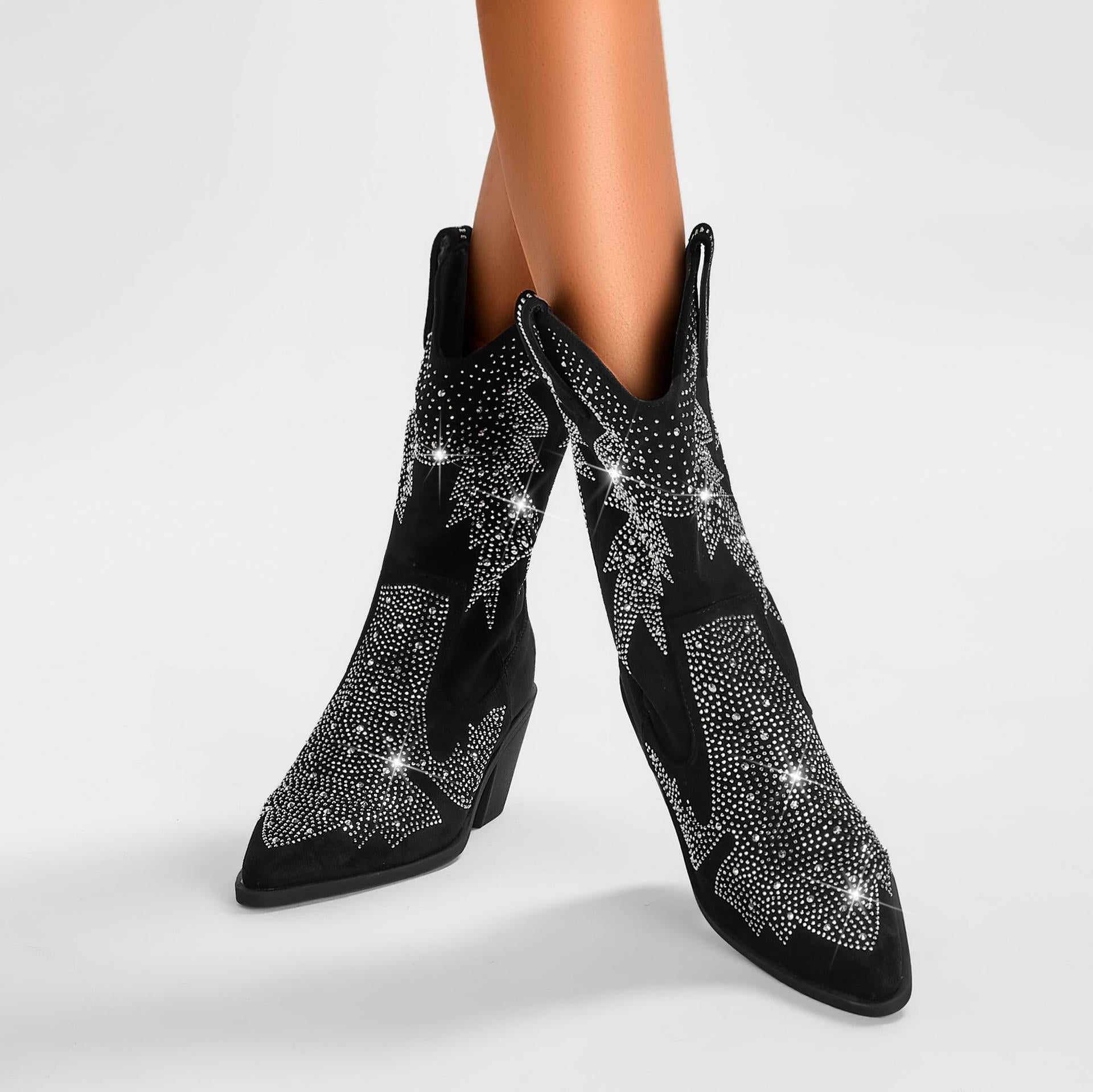 Women's Black Mid-Calf Cowboy Boots - Rhinestone & Suede