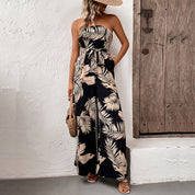 Women's Black Floral Print Strapless Maxi Jumpsuit - Tie Belt