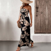 Women's Black Floral Print Strapless Maxi Jumpsuit - Tie Belt