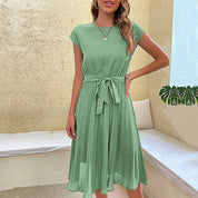 Women's Pleated A-Line Dress - Adjustable Tie Waist Midi Style