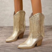 Women's Mid-Calf Cowboy Boots - Sequin & Fringe