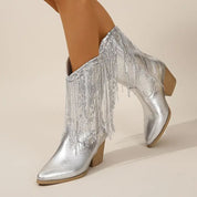 Women's Mid-Calf Cowboy Boots - Sequin & Fringe