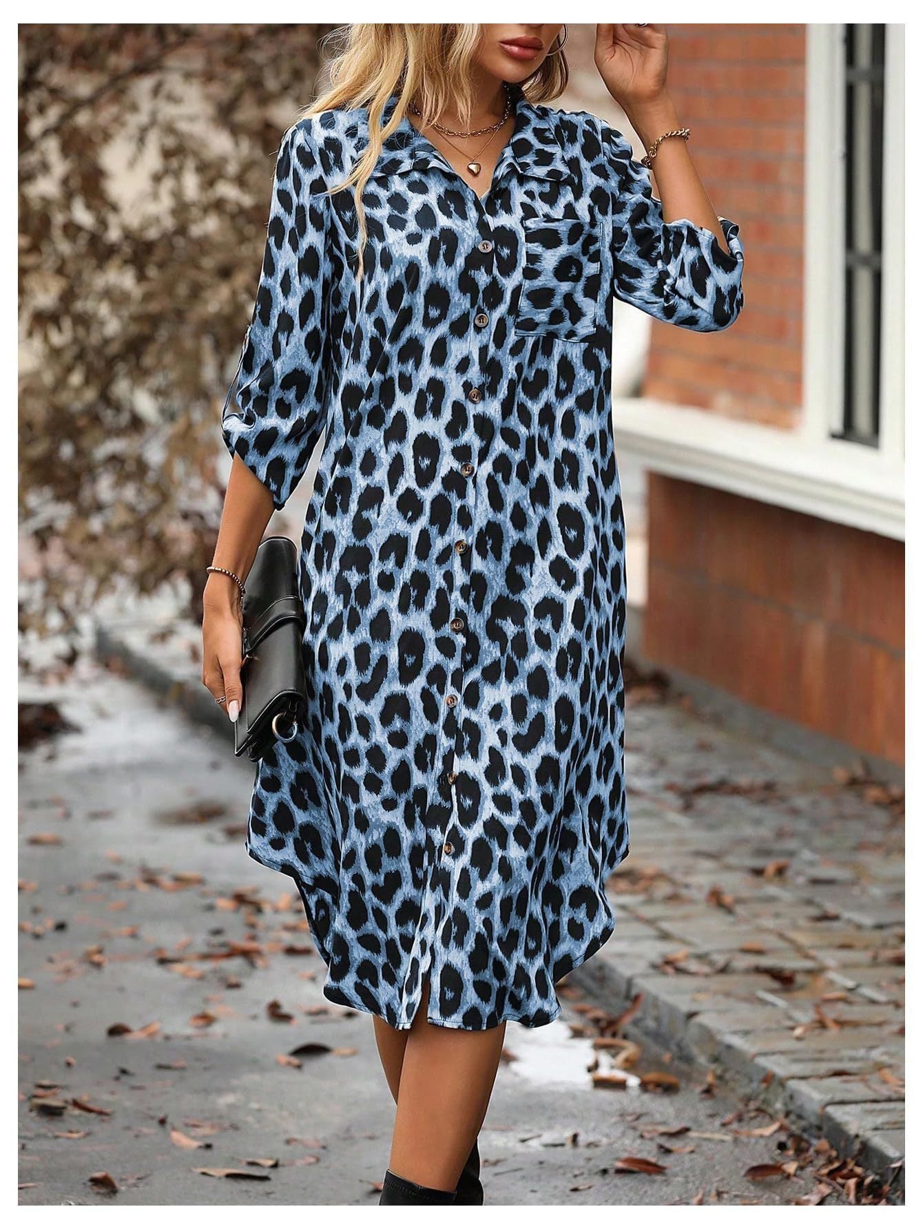 Women's Leopard Print Button-Up Midi Dress - Versatile Casual & Elegant