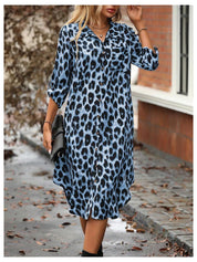 Women's Leopard Print Button-Up Midi Dress - Versatile Casual & Elegant