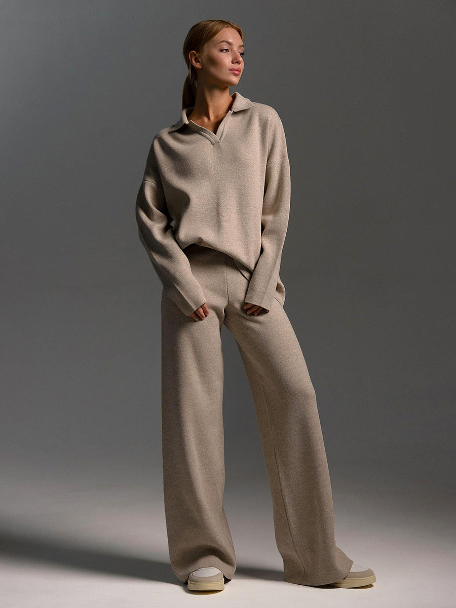 Women's Loungewear Set - Polo Neck Jumper & Wide Leg Trousers