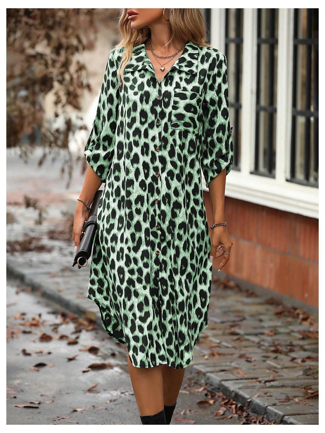 Women's Leopard Print Button-Up Midi Dress - Versatile Casual & Elegant