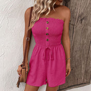 Women's Smocked Strapless Playsuit - Button Detail, Summer Romper