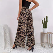 Women's Leopard Print Wide Trousers - Flowing Material Elastic Waist