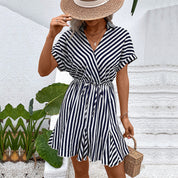 Women's Dark Blue Striped Wrap Dress - Pockets, Flowy Summer