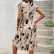 Women's A-Line Pleated Dress - Abstract Print Tie Waist Style