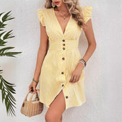 Elegant V-Neck Dress with Ruffle Cap Sleeves for Women