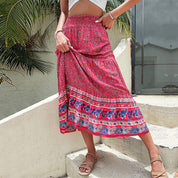 Women's Red Tiered Bohemian Floral Midi Skirt - Flowy, Versatile Summer