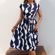 Women's A-Line Pleated Dress - Abstract Print Tie Waist Style