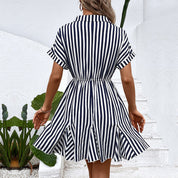 Women's Dark Blue Striped Wrap Dress - Pockets, Flowy Summer