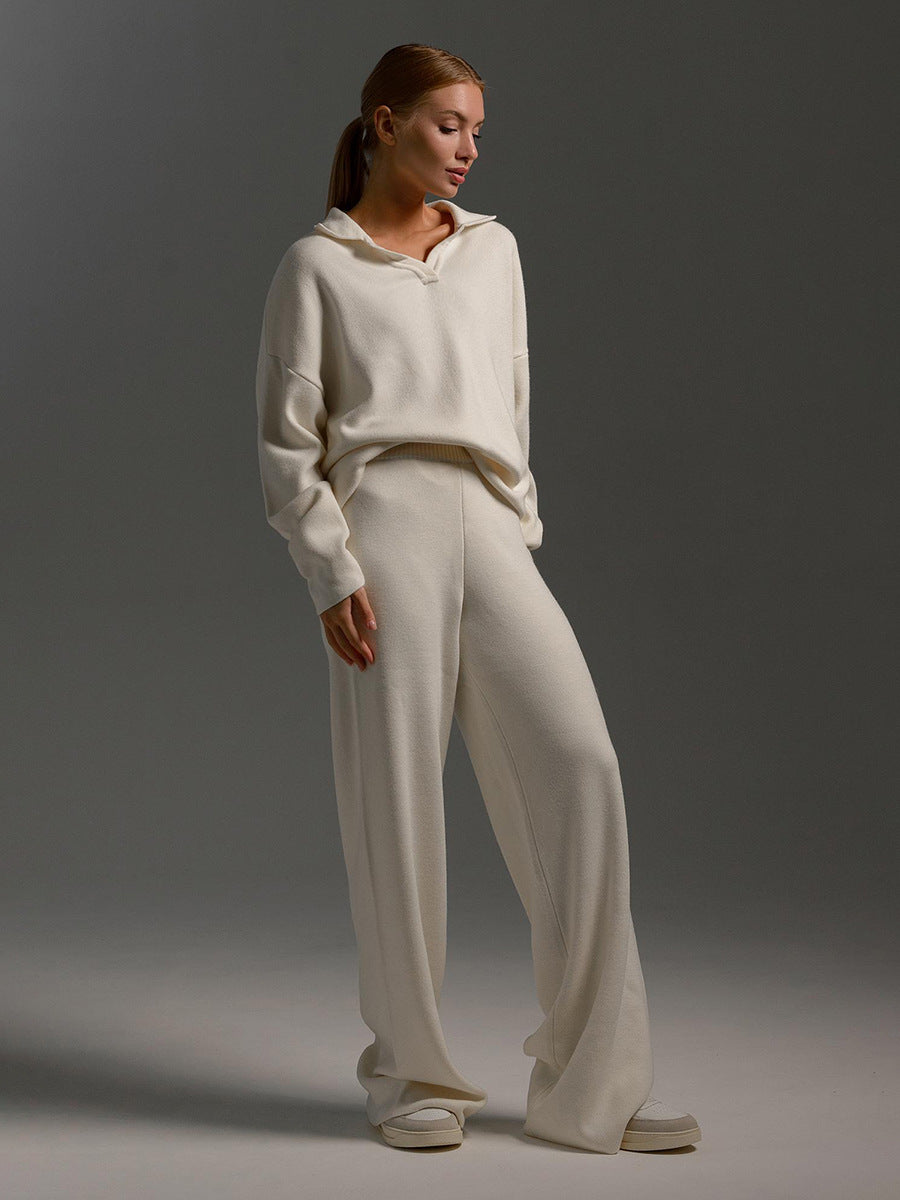Women's Loungewear Set - Polo Neck Jumper & Wide Leg Trousers