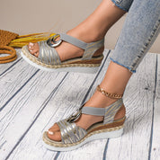 Women's Open Toe Wedge Sandals - Natural Fiber Buckle Strap