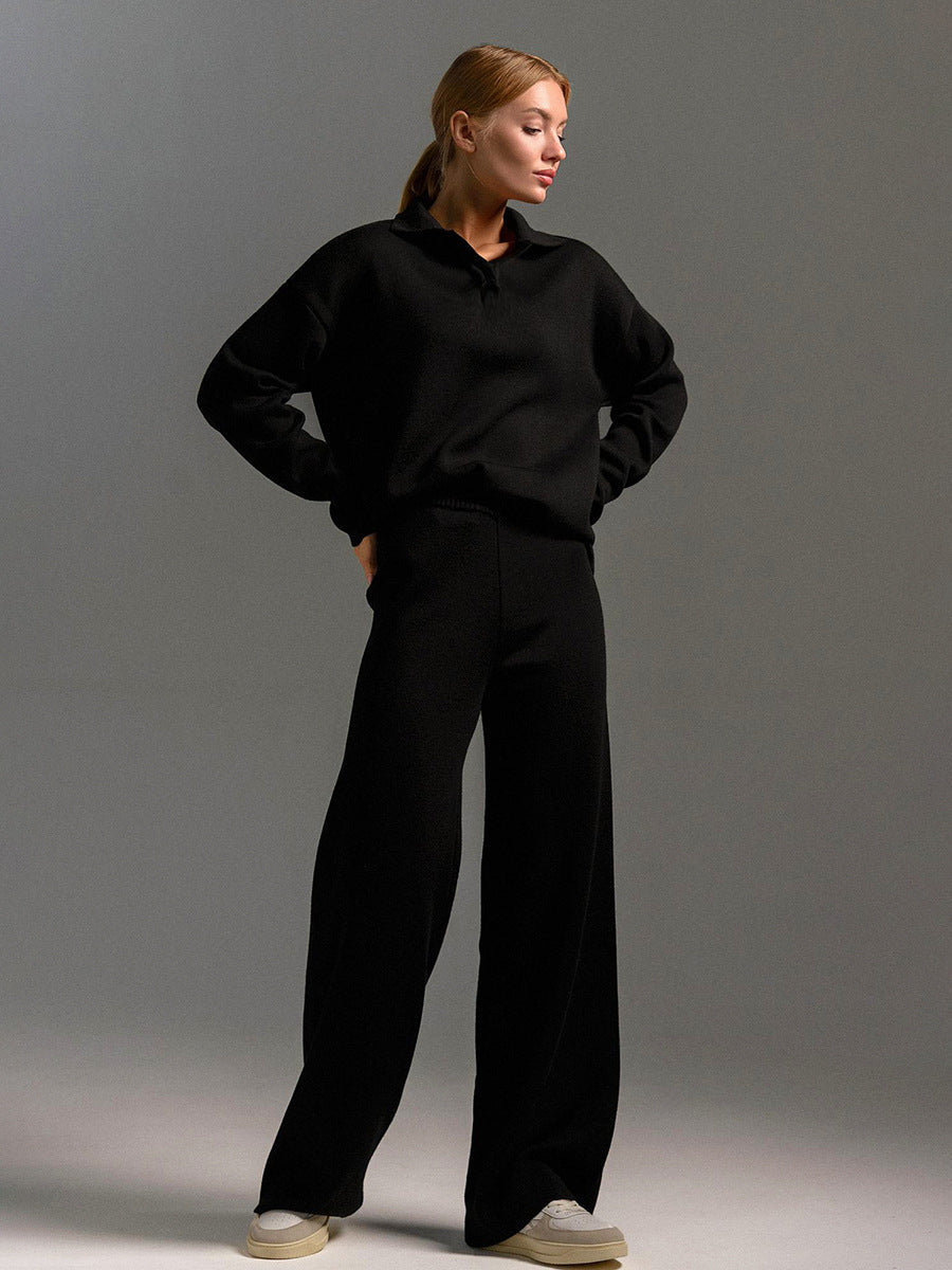 Women's Loungewear Set - Polo Neck Jumper & Wide Leg Trousers