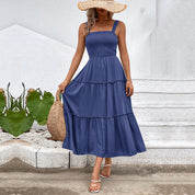 Women's Tiered Midi Dress - Ruched Bodice, Versatile Summer