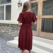 Women's Wrap Button Midi Dress - Belted Waist, Versatile & Elegant