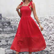 Women's Red Square Neck Midi Dress - Elegant Tie Strap Comfort