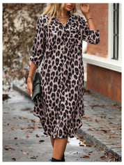 Women's Leopard Print Button-Up Midi Dress - Versatile Casual & Elegant