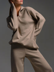 Women's Loungewear Set - Polo Neck Jumper & Wide Leg Trousers