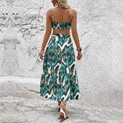 Women's Green Tropical Print Two-Piece Set - Cropped Top & Tiered Maxi Skirt