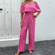 Women's Pink Off-Shoulder Wide-Leg Jumpsuit - Breathable Summer Style