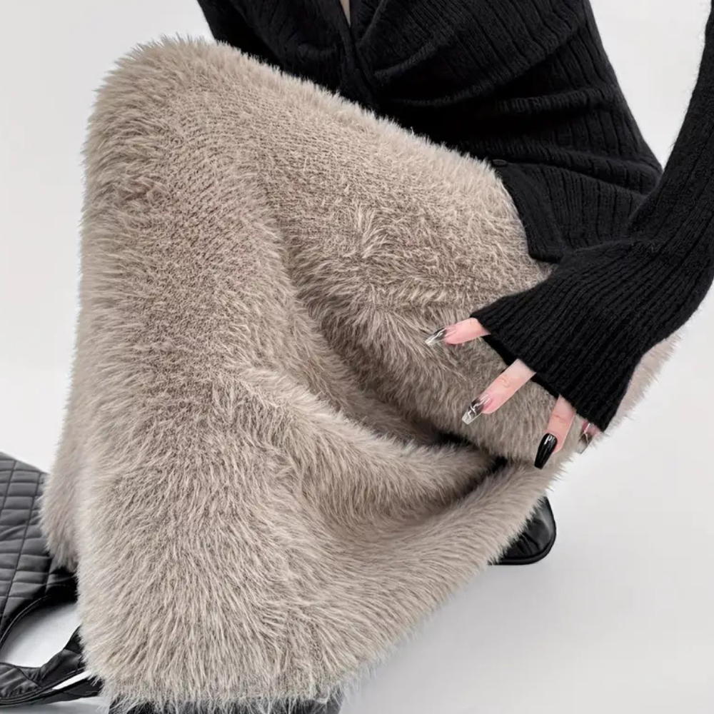 Women's Faux Fur Khaki Midi Skirt - Elegant and Cosy