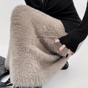 Women's Faux Fur Khaki Midi Skirt - Elegant and Cosy