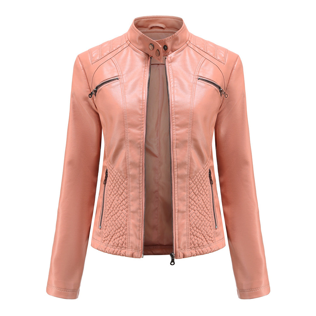 Women's Leather Jacket - Stand-Up Collar & Ribbed Details