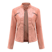 Women's Leather Jacket - Stand-Up Collar & Ribbed Details