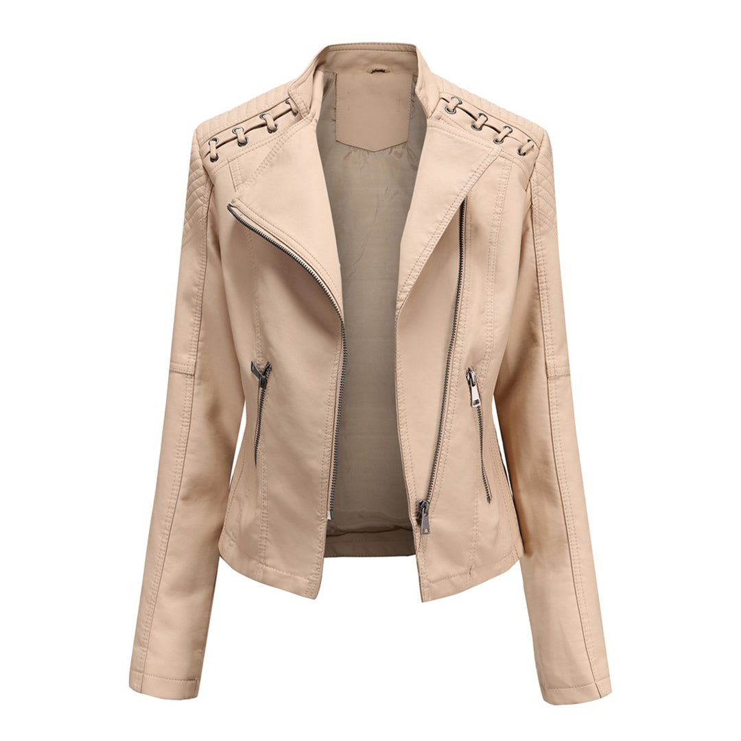 Women's Leather Jacket - Biker Style & Asymmetric Zip with Wide Lapel