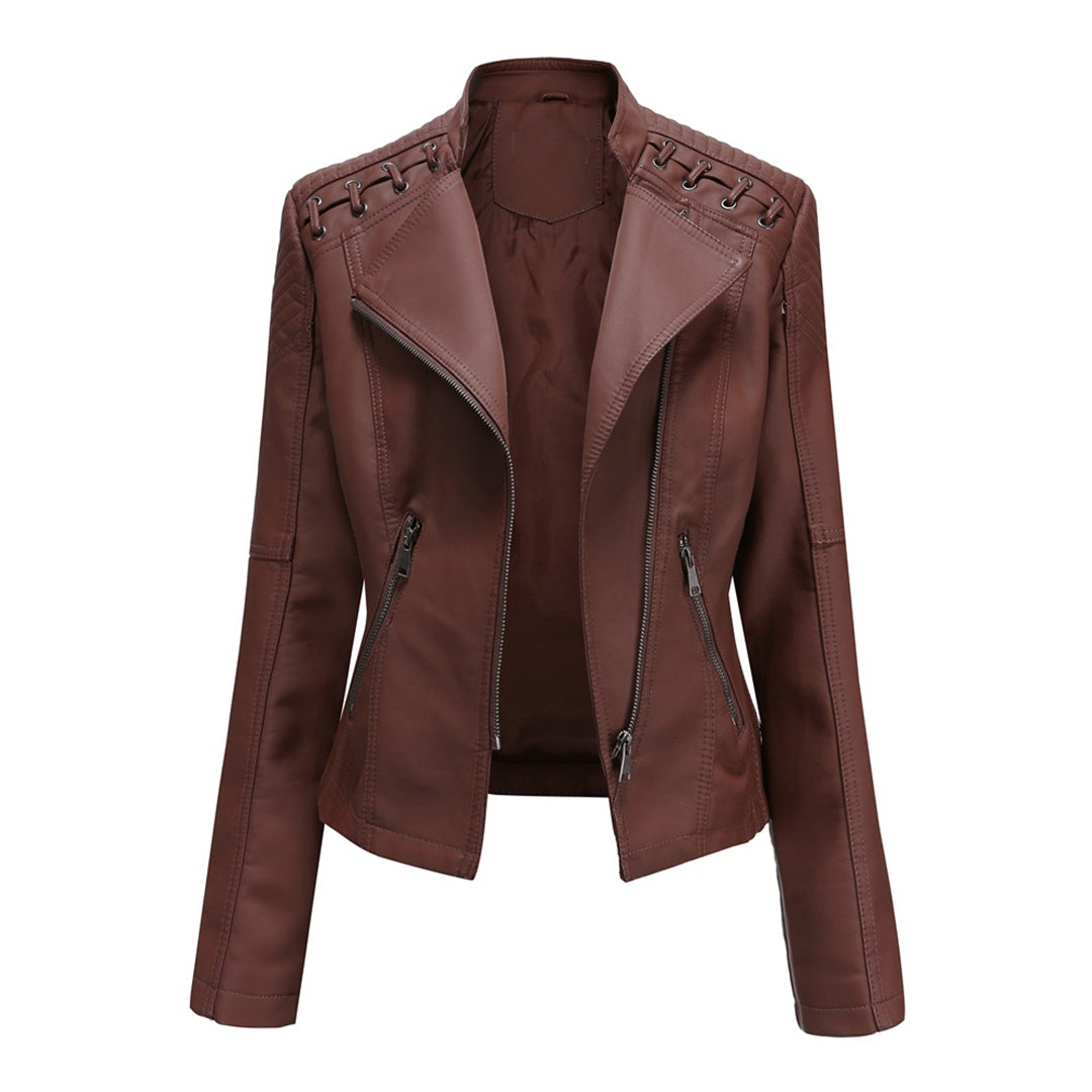 Women's Leather Jacket - Biker Style & Asymmetric Zip with Wide Lapel
