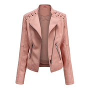 Women's Leather Jacket - Biker Style & Asymmetric Zip with Wide Lapel