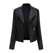 Women's Leather Jacket - Biker Style & Asymmetric Zip with Wide Lapel