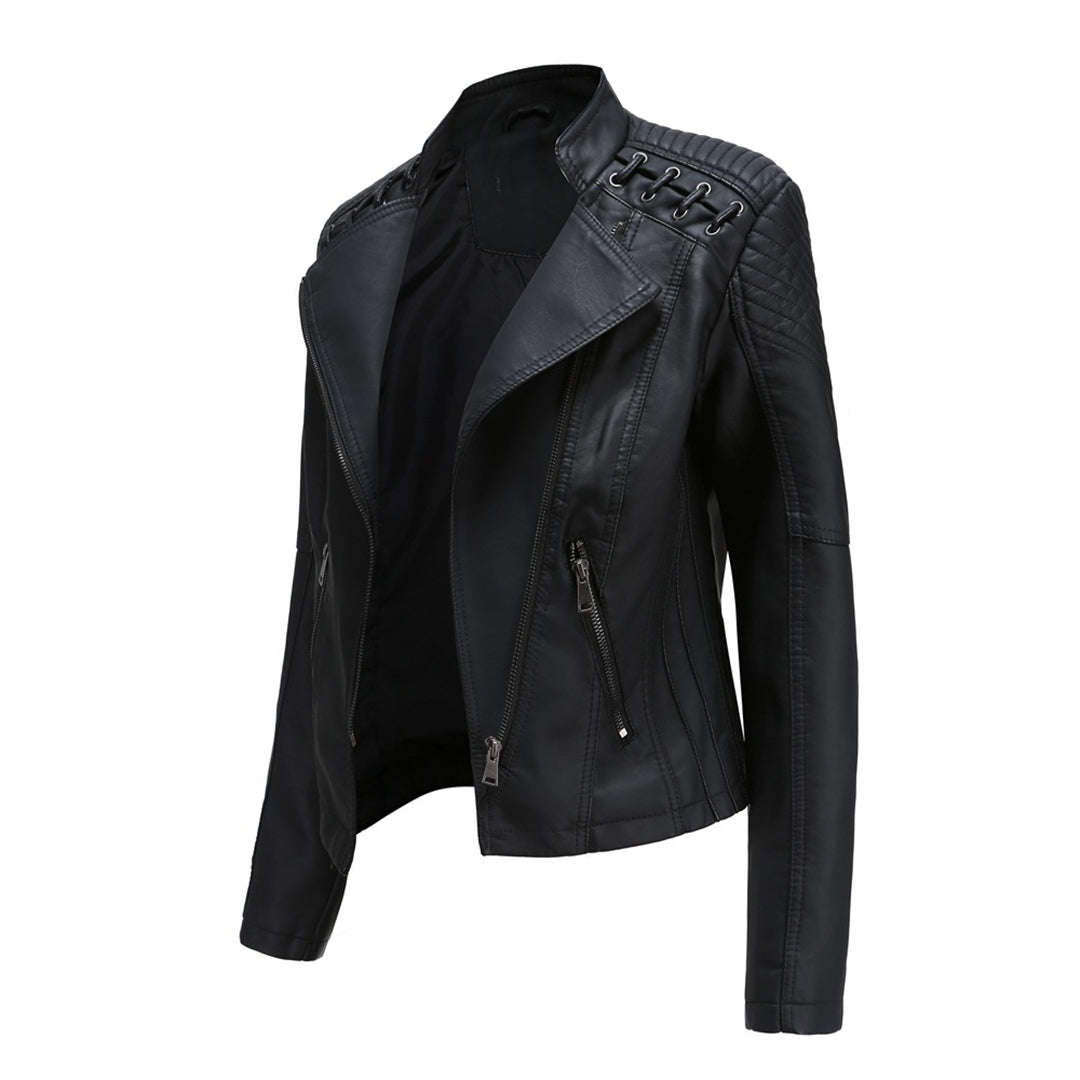 Women's Leather Jacket - Biker Style & Asymmetric Zip with Wide Lapel