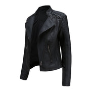 Women's Leather Jacket - Biker Style & Asymmetric Zip with Wide Lapel
