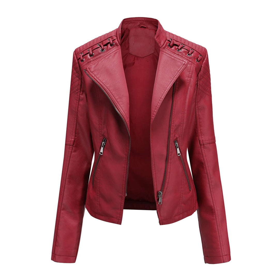 Women's Leather Jacket - Biker Style & Asymmetric Zip with Wide Lapel
