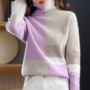 Women's Roll Neck Jumper - Colour Block Pattern