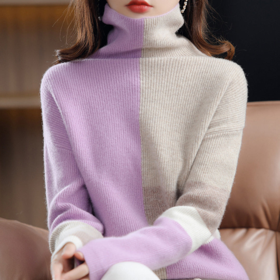 Women's Roll Neck Jumper - Colour Block Pattern