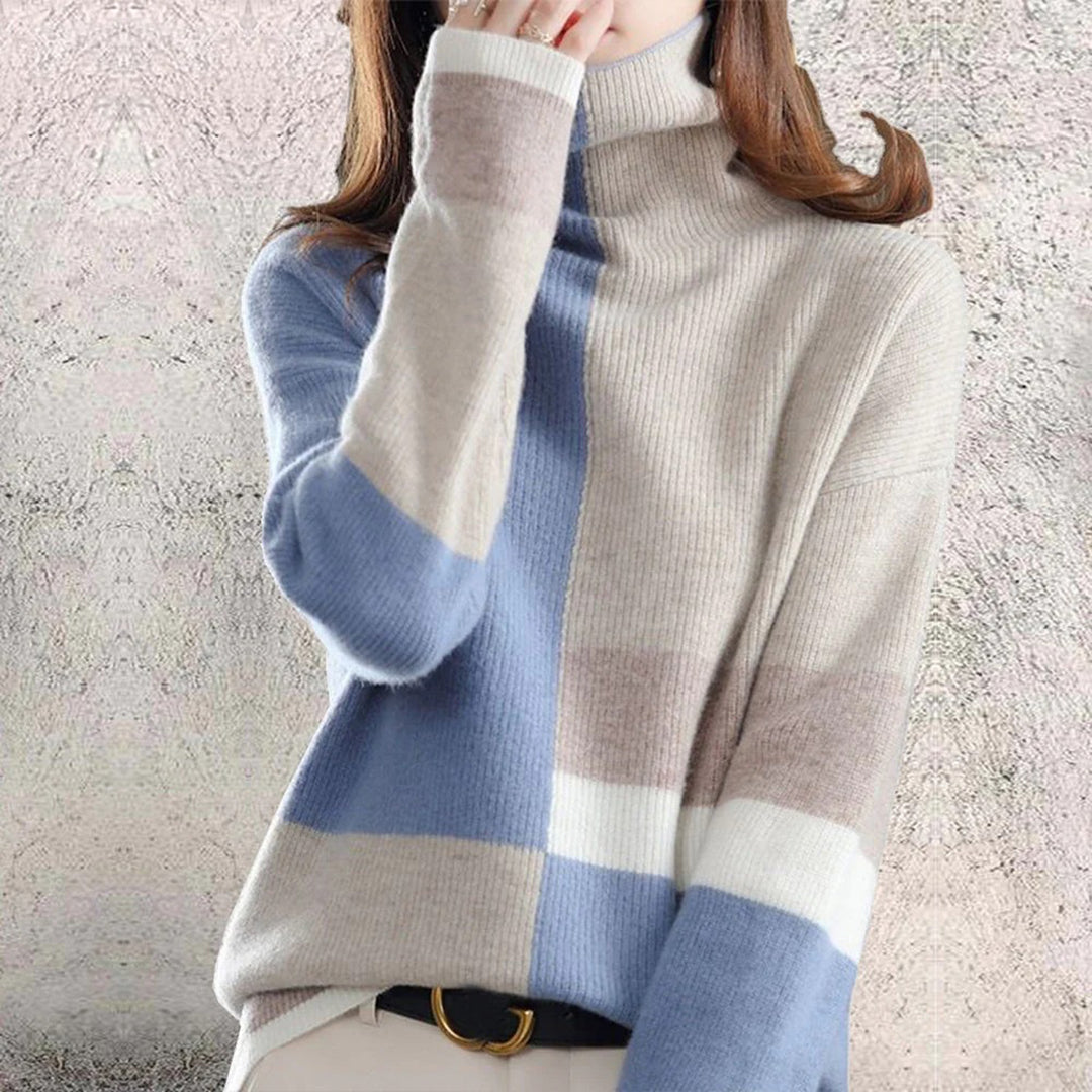 Women's Roll Neck Jumper - Colour Block Pattern