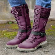 Women's Knee-High Boots - Lace-Up with Knit Cuff and Side Zip