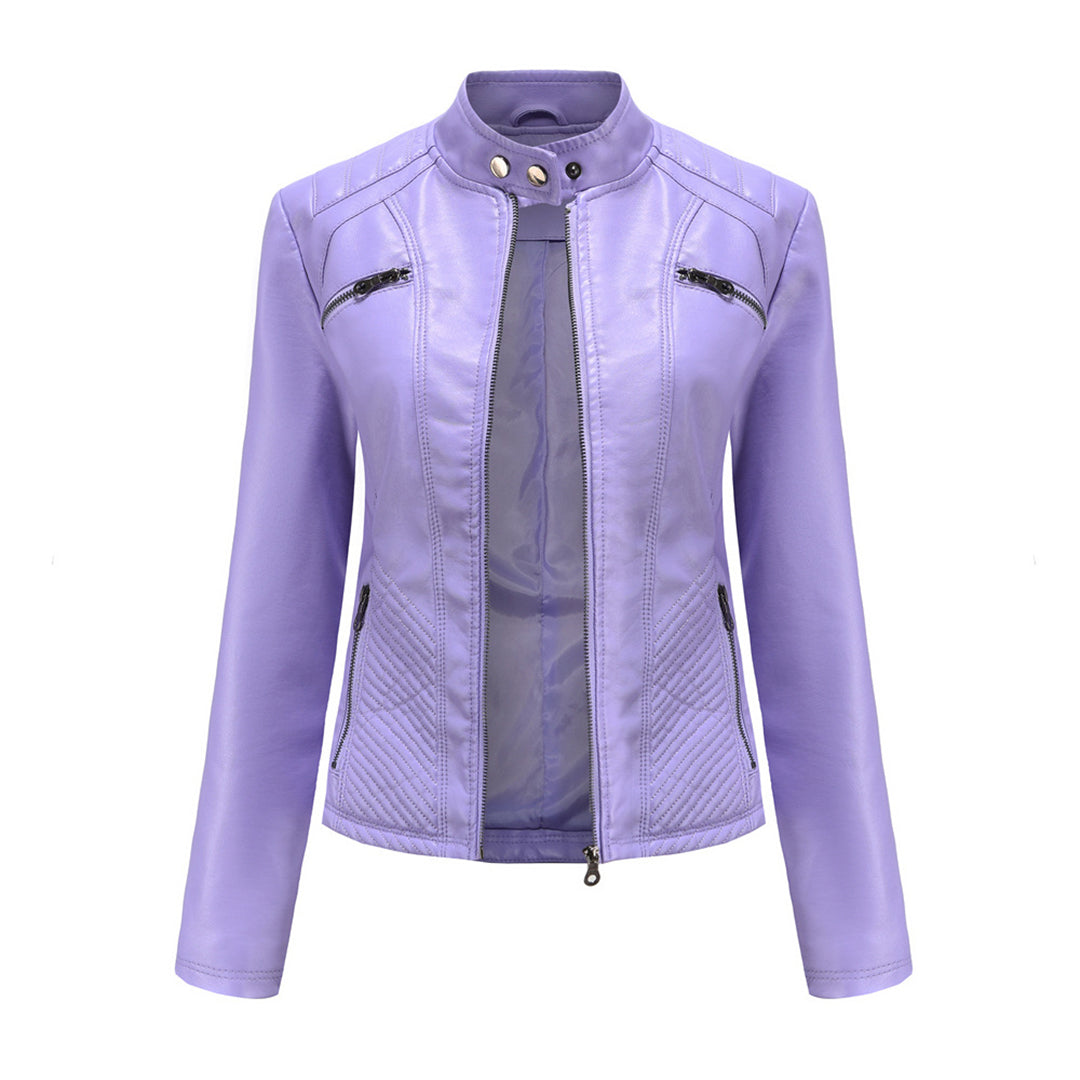 Women's Leather Jacket - Stand-Up Collar & Ribbed Details