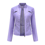 Women's Leather Jacket - Stand-Up Collar & Ribbed Details