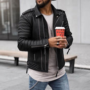 Men's Leather Jacket - Biker Style with Quilted Shoulders