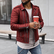 Men's Leather Jacket - Biker Style with Quilted Shoulders