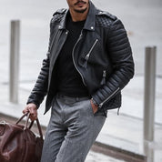 Men's Leather Jacket - Biker Style with Quilted Shoulders
