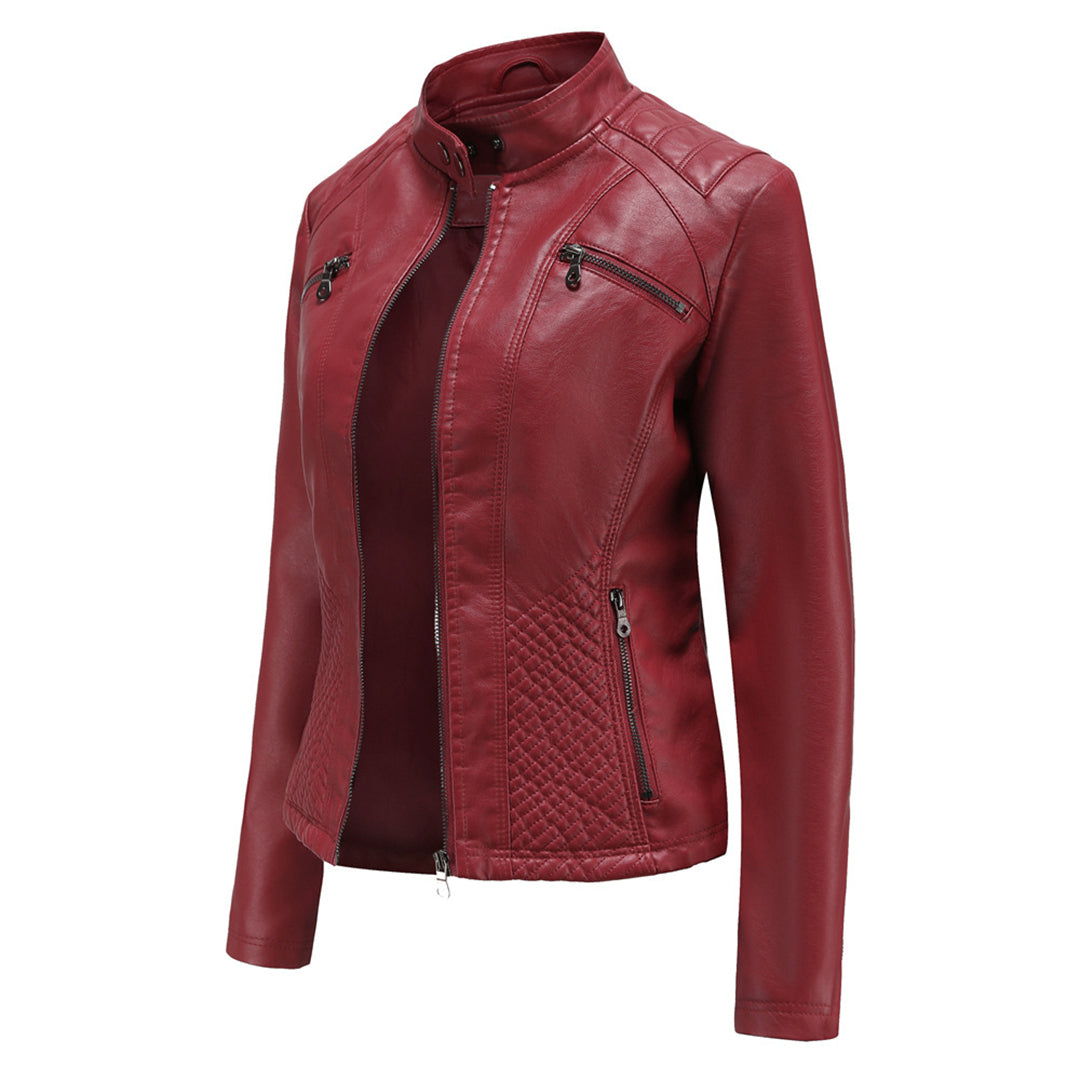 Women's Leather Jacket - Stand-Up Collar & Ribbed Details